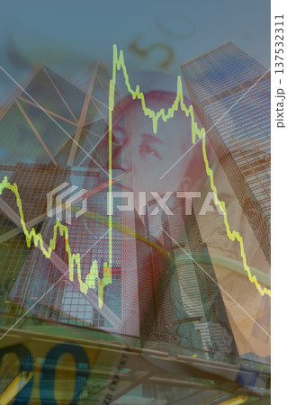 Market trends currency on skyscrapers tower building background. Currency rising graph 137532311