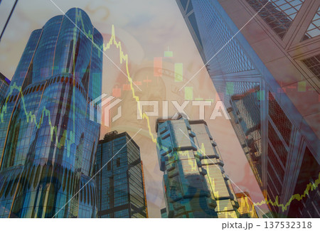 Market trends currency on skyscrapers tower building background. Currency rising graph changes 137532318