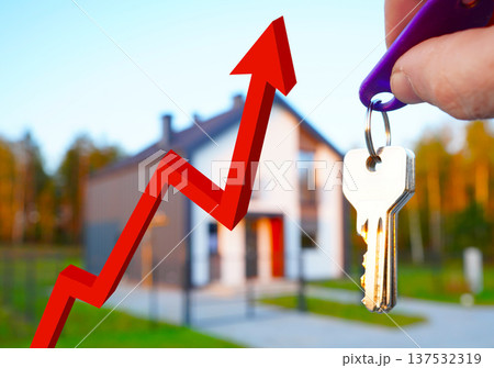 Graph with red arrow symbolizes rising home prices or rising mortgage interest rates. Graph with red arrow symbolizes rising home prices or rising mortgage interest rates. 137532319