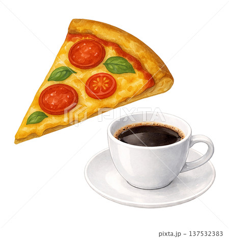 ピザとコーヒーの水彩イラスト カフェフード素材 137532383
