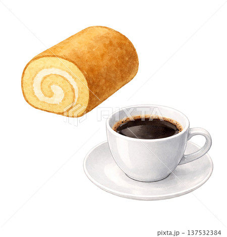 ロールケーキとコーヒーの水彩イラスト カフェスイーツ素材 137532384