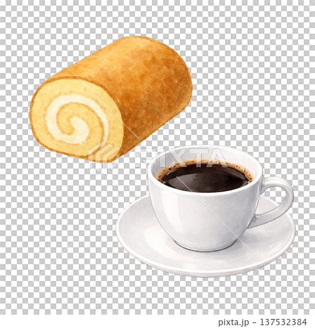 ロールケーキとコーヒーの水彩イラスト カフェスイーツ素材 137532384