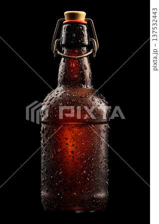 Cold beer bottle with water drops, isolated on black background with clipping path, concept of refreshment Cold beer bottle with water drops, isolated on black background with clipping path, concept of refreshment 137532443