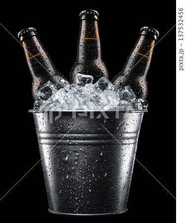 Set of cold beer bottles in a metal bucket filled with ice on black background with clipping path, concept of refreshment 137532456