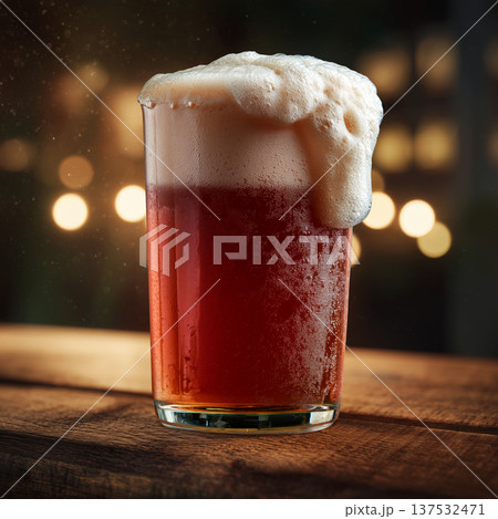 A frothy craft ruby beer on wooden bar table in warm bokeh ambient pub setting background, concept of cozy relaxation pub mood A frothy craft ruby beer on wooden bar table in warm bokeh ambient pub setting background, concept of cozy relaxation pub mood 137532471