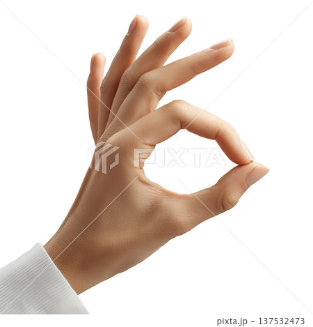 Human hand showing an OK gesture with fingers forming a circle, isolated on white background, concept of approval or agreement 137532473