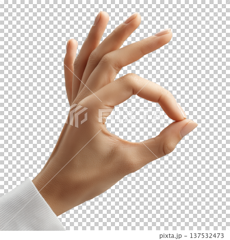 Human hand showing an OK gesture with fingers forming a circle, isolated on white background, concept of approval or agreement 137532473
