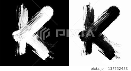 Brushstroke letter K in bold grunge style on split isolated black and white background, symbolizing contrast and creativity Brushstroke letter K in bold grunge style on split isolated black and white background, symbolizing contrast and creativity 137532488