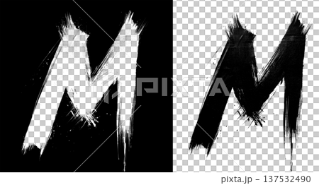 Brushstroke letter M in bold grunge style on split isolated black and white background, symbolizing contrast and creativity Brushstroke letter M in bold grunge style on split isolated black and white background, symbolizing contrast and creativity 137532490