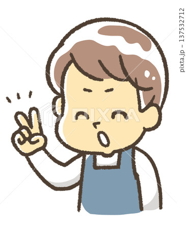 2の指をするエプロン姿の男性 137532712