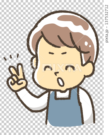 2の指をするエプロン姿の男性 137532712