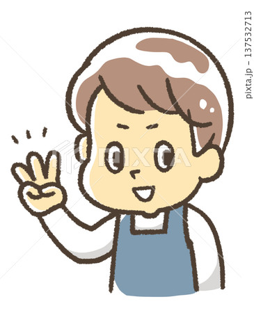 手で3の指をするエプロン姿の男性 137532713