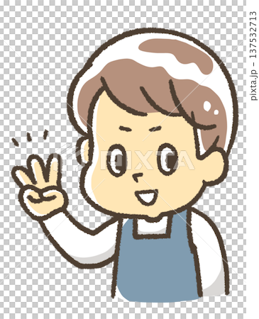 手で3の指をするエプロン姿の男性 137532713