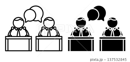 Linear icon. Participants in presidential election race stand behind podiums with microphones answering questions. Simple black and white vector symbol isolated on white background Linear icon. Participants in presidential election race stand behind podiums with microphones answering questions. Simple black and white vector symbol isolated on white background 137532845