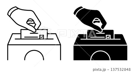 Linear icon. Voter hand drops a ballot paper into a ballot box. Simple black and white vector symbol isolated on white background Linear icon. Voter hand drops a ballot paper into a ballot box. Simple black and white vector symbol isolated on white background 137532848