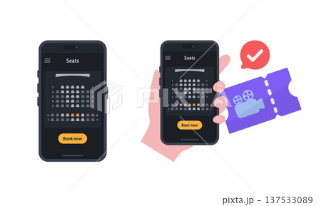 スマートフォンで映画チケットをオンライン予約するシネマ予約アプリのフラットベクターイラスト 137533089