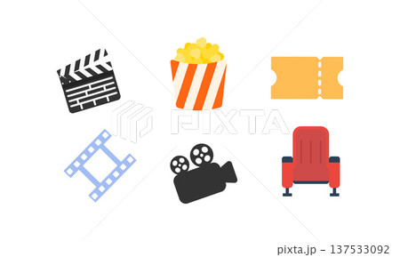 映画とシネマのアイコンセット ポップコーン・チケット・カチンコのフラットクリップアート 映画とシネマのアイコンセット ポップコーン・チケット・カチンコのフラットクリップアート 137533092