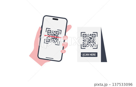 スマートフォンでQRコードをスキャンする手のフラットベクターイラスト 137533096
