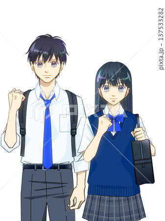 前向きな表情でリュックとスクールバッグを持つ夏服の学生のアニメ風イラスト、白バック 137533282
