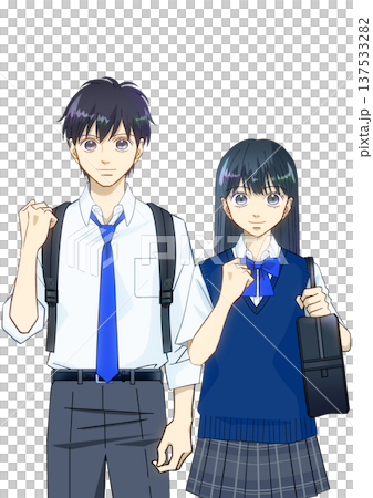 前向きな表情でリュックとスクールバッグを持つ夏服の学生のアニメ風イラスト、白バック 137533282