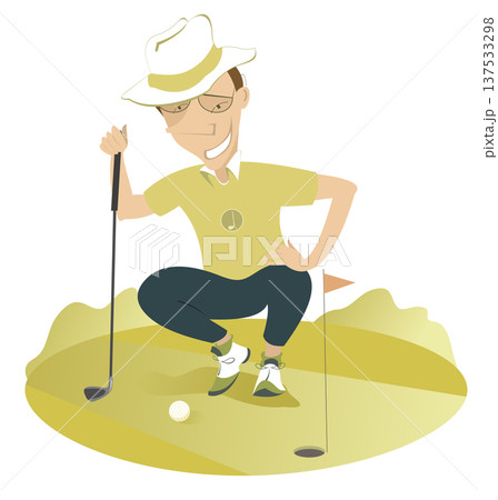 Summer day. Golfer man on the golf course. Golfer in the hat and sunglasses aiming to do a good shot 137533298