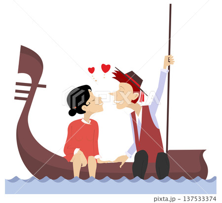 Gondola with falling in love gondolier and woman. Kissing young gondolier and his girlfriend sitting in gondola Gondola with falling in love gondolier and woman. Kissing young gondolier and his girlfriend sitting in gondola 137533374
