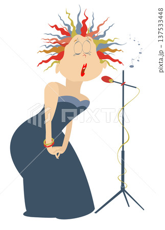 Funny singer woman.  Romantic young woman with microphone sings a song with great inspiration 137533448