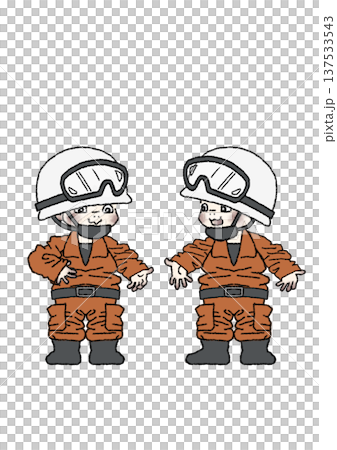 職業体験でレスキュー隊の制服を着て喜んでいる子供の全身イラスト（背景透過） 137533543