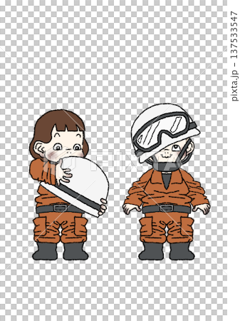 A comical full-body illustration (with transparent background) of a child whose baggy rescue uniform is out of place during a work experience. 137533547