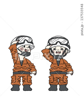 職業体験でレスキュー隊の制服を着て嬉しそうに敬礼をする子供の全身イラスト（背景白） 137533548