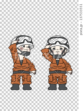 職業体験でレスキュー隊の制服を着て真面目に敬礼をする子供の全身イラスト（背景透過） 137533551