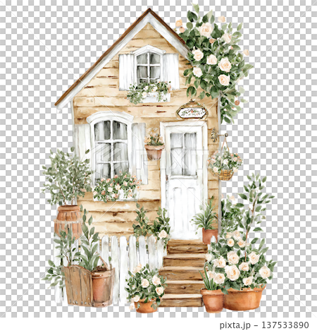 a wooden house with a tree on a white background 137533890