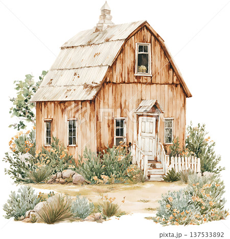 a wooden house with a tree on a white background 137533892