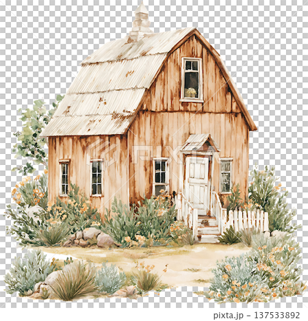 a wooden house with a tree on a white background 137533892