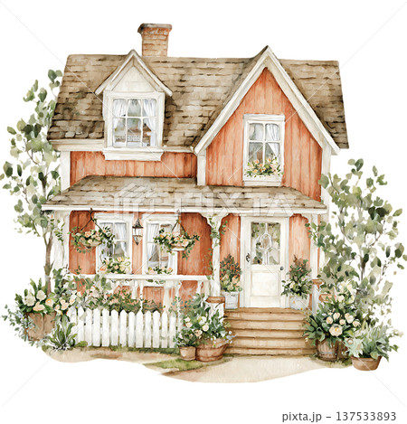 a wooden house with a tree on a white background 137533893
