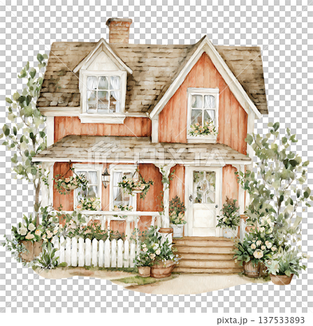 a wooden house with a tree on a white background 137533893