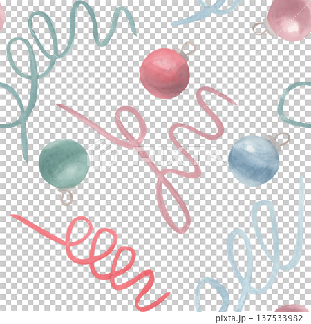 Watercolor seamless pattern with Christmas baubles and flowing ribbons in muted pink, blue and green tones. Watercolor hand drawn illustration year for wrapping paper, textiles and holiday decor. 137533982