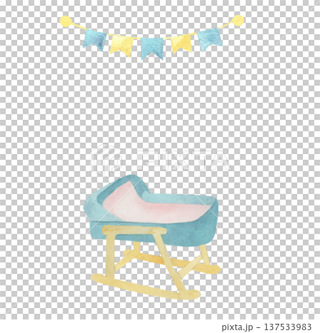 Template for cards Watercolor illustration of a baby cradle on a rocking stand with festive bunting in soft pastel colors. Cute nursery artwork suitable for prints, cards, baby shower designs, decor 137533983