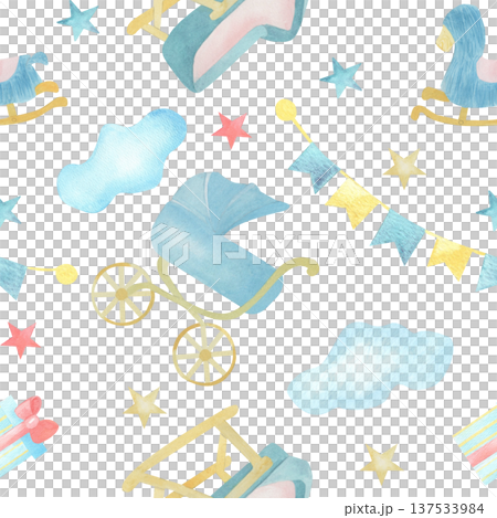 Watercolor seamless pattern with baby carriage, rocking horse, stars, clouds and bunting in soft pastel tones. Cute nursery illustration for textiles, wallpaper, wrapping paper and prints, party decor 137533984
