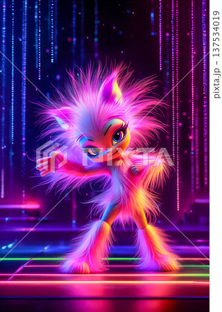 Glowing Furball Dancing Under Neon Lights.  A vibrant, animated character with fluffy, multicolored fur dancing under neon lights. 137534019