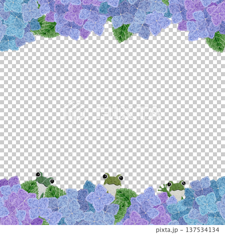 【繡球花與青蛙捉迷藏上下框】手工刺繡插畫素材 137534134