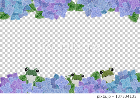 【紫陽花とカエルのかくれんぼ上下フレーム】手刺繍イラスト素材 137534135