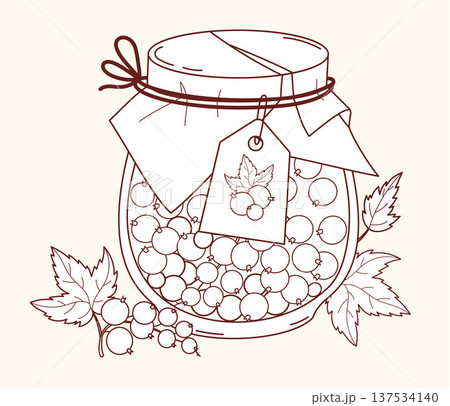 Outline Fresh Berries Currants in Glass Jar with Craft Paper Lid and Label tag. Vector Illustration. Isolated Line drawing, coloring page 137534140