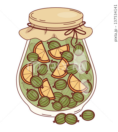 Delicious Homemade Green Gooseberry Jam with Orange Slices in Glass Jar. Vector Illustration. Isolated on White 137534141
