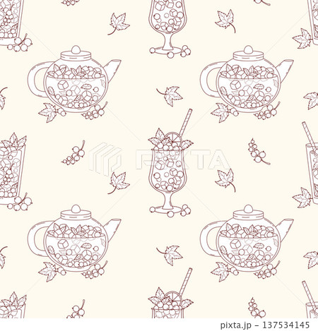 Seamless Pattern with Outline Teapot and Glassware for Currant Tea. Fruit Seasonal Drink with Ice Cubes, Berries, Mint in Glass on Light Background. Line drawing. Vector Square Illustration 137534145