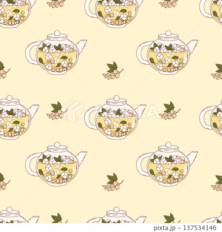 Fruit Tea with White Currants Seamless Pattern. Refreshing Seasonal Drink with Ice Cubes, Berries, Mint in Glass Teapot on Yellow Background. Vector Square Illustration Fruit Tea with White Currants Seamless Pattern. Refreshing Seasonal Drink with Ice Cubes, Berries, Mint in Glass Teapot on Yellow Background. Vector Square Illustration 137534146