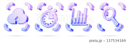 Glass business analytics icon 3d set - chart, statistics graph, magnifier, cloud upload arrow, stopwatch with holographic gradient. Financial marketing, online trading, analysis data. 3D illustration 137534169
