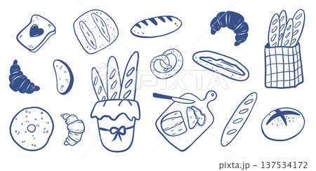 Hand drawn bread, bakery products and pastries. Fresh and natural bread, rolls, baguettes, donuts, bagels and croissants perfect for menus, packaging, posters and social media. Hand drawn bread, bakery products and pastries. Fresh and natural bread, rolls, baguettes, donuts, bagels and croissants perfect for menus, packaging, posters and social media. 137534172