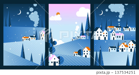 Winter geometric landscape cards, abstract vector Winter geometric landscape cards, abstract vector 137534251