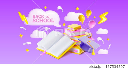 3D back to school banner, books and graduation cap 137534297